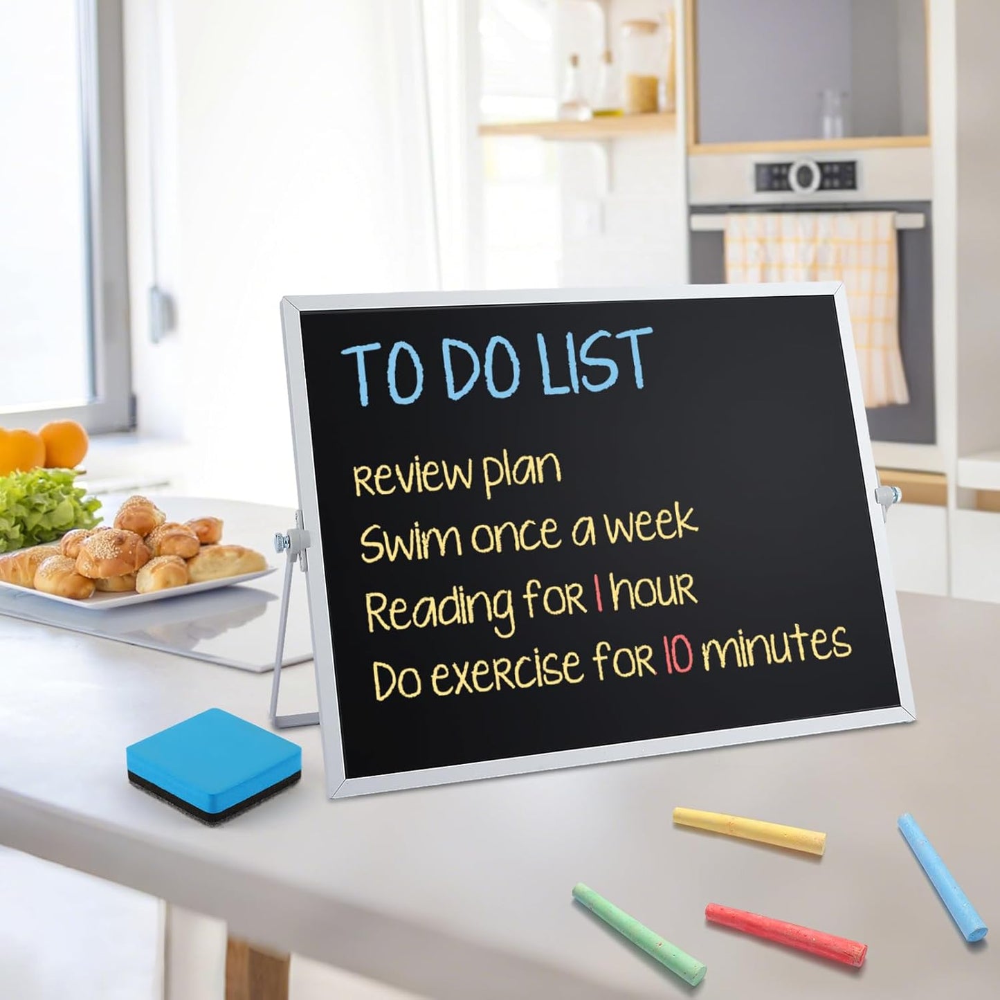 Small Magnetic Chalk Board Easel 10"X10", Double-Sided Tabletop & Wall Hanging Chalkboard with 4 Chalks & Eraser, Desktop Mini Black Board Sign for Office Desk Home Menu and School