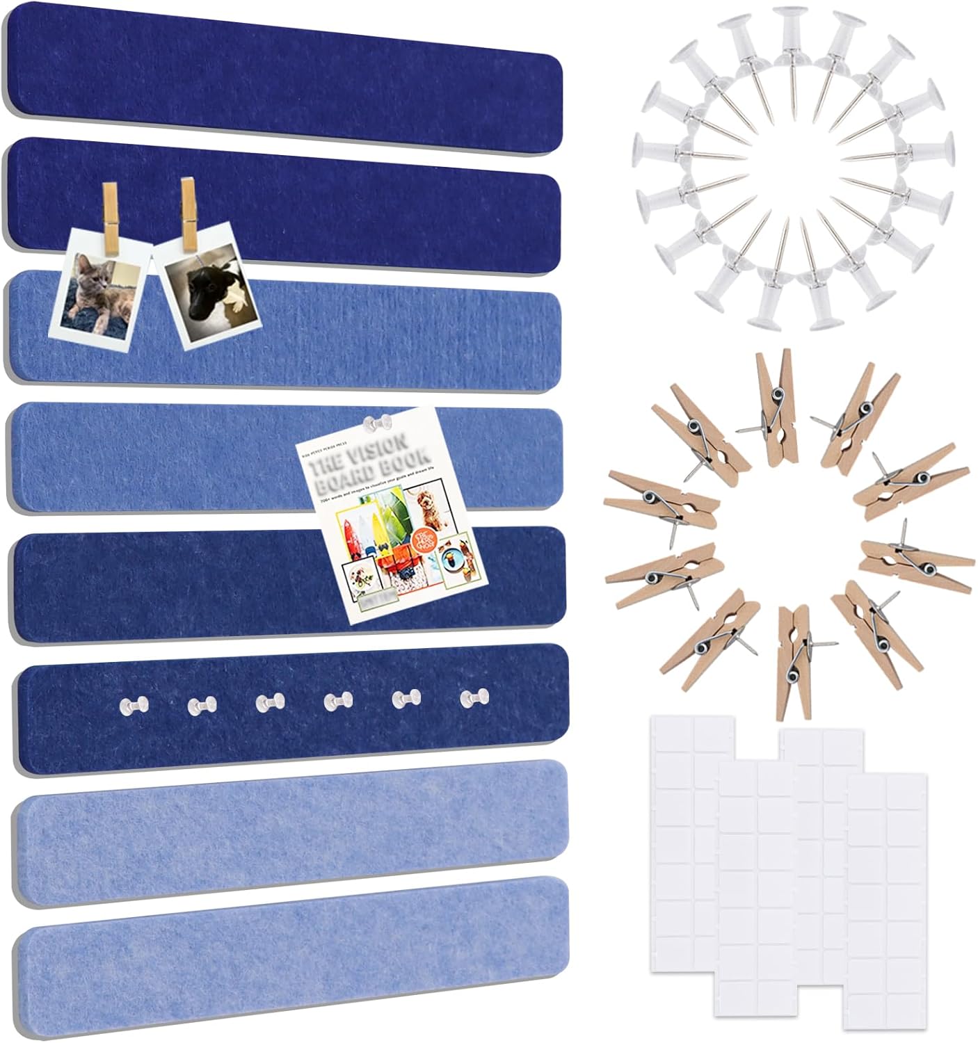 Vuzvuv 8 pcs Bulletin Board Bar Strips with 50 Pushpins & 10 Wooden Clip pins，Self Adhesive Cork Board for Wall，Felt Pin Board for School，Office Decor（Black White Grey）