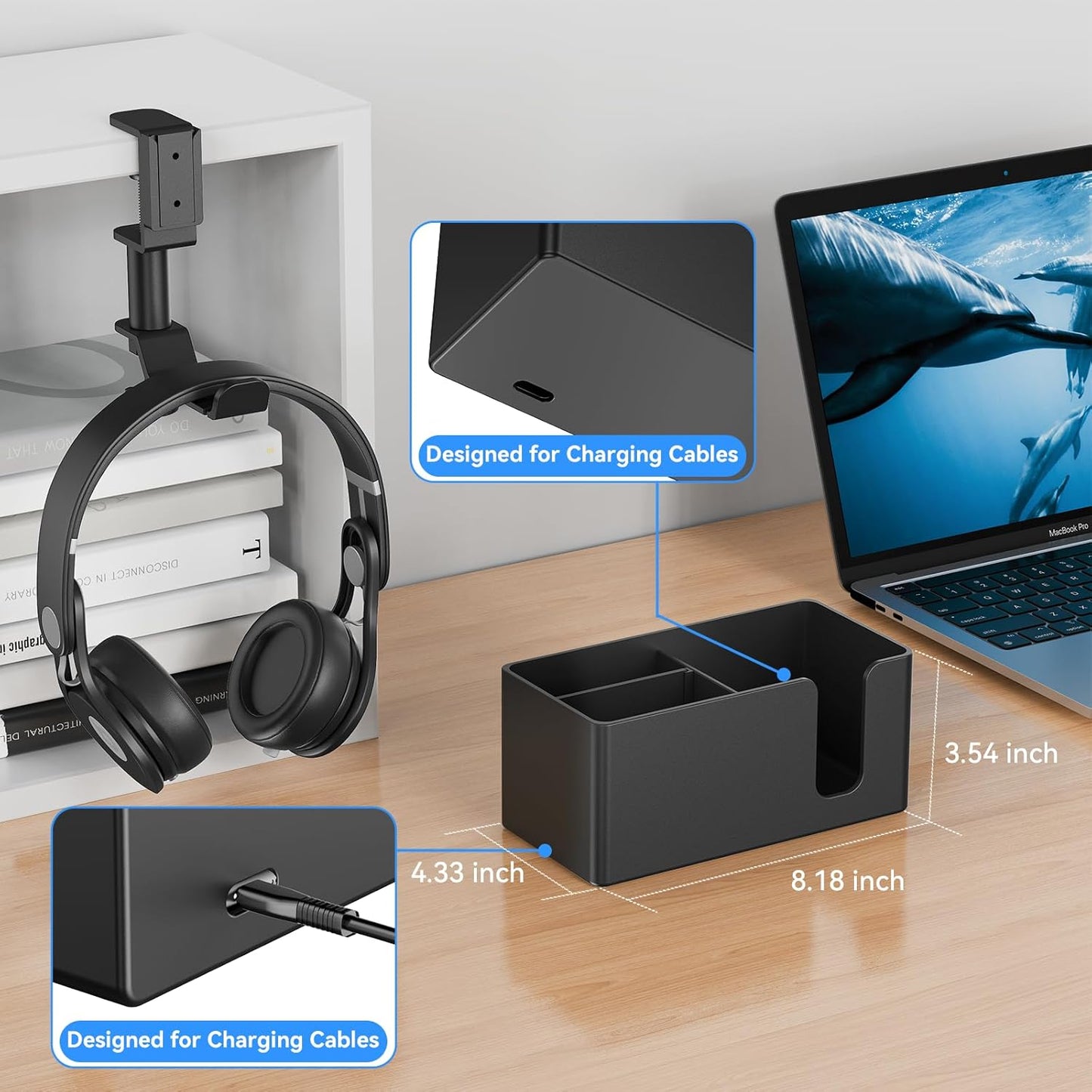 4 in 1 Desk Cup Holder with Storage - Clamp on Under Desk Headphone Hanger - Detachable Pen Cup Holder Desktop Storage for Desktop Attachments Accessories