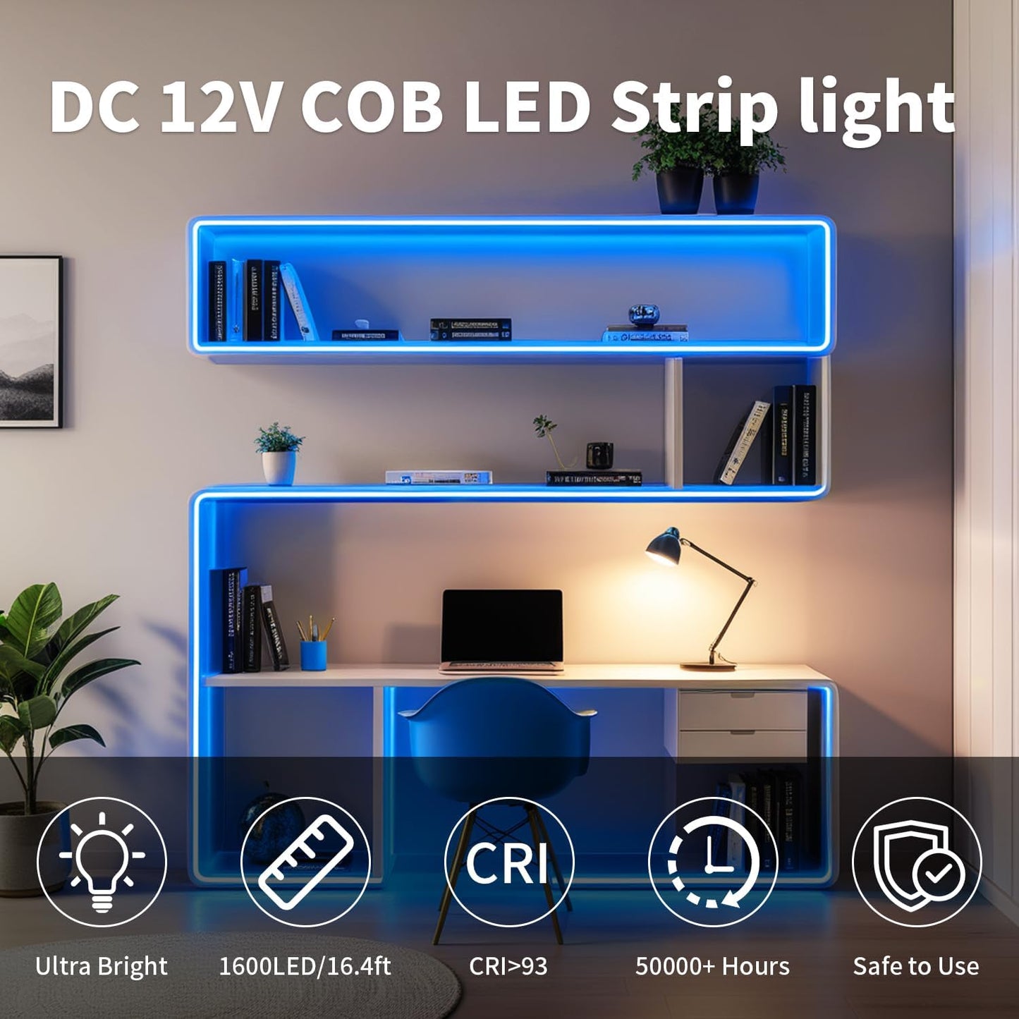 32.8FT/10M Blue COB LED Strip Light, 3200LEDS LED Tape Lights, High Bright CRI93+ Flexible Dimmable Light Strip for Bedroom TV Backlight Monitor Gaming Room Bar Decor(with Plug)