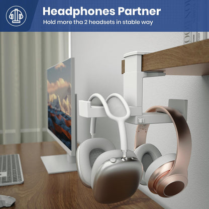 Dual Headphone Stand Holder - EURPMASK 2 in 1 PC Gaming Headset Hooks, 360 Degree Rotating Headphone Hanger with Adjustable Clamp & Cable Clip Organizer, Headset Mount Under Desk Earphone Clamp-Black