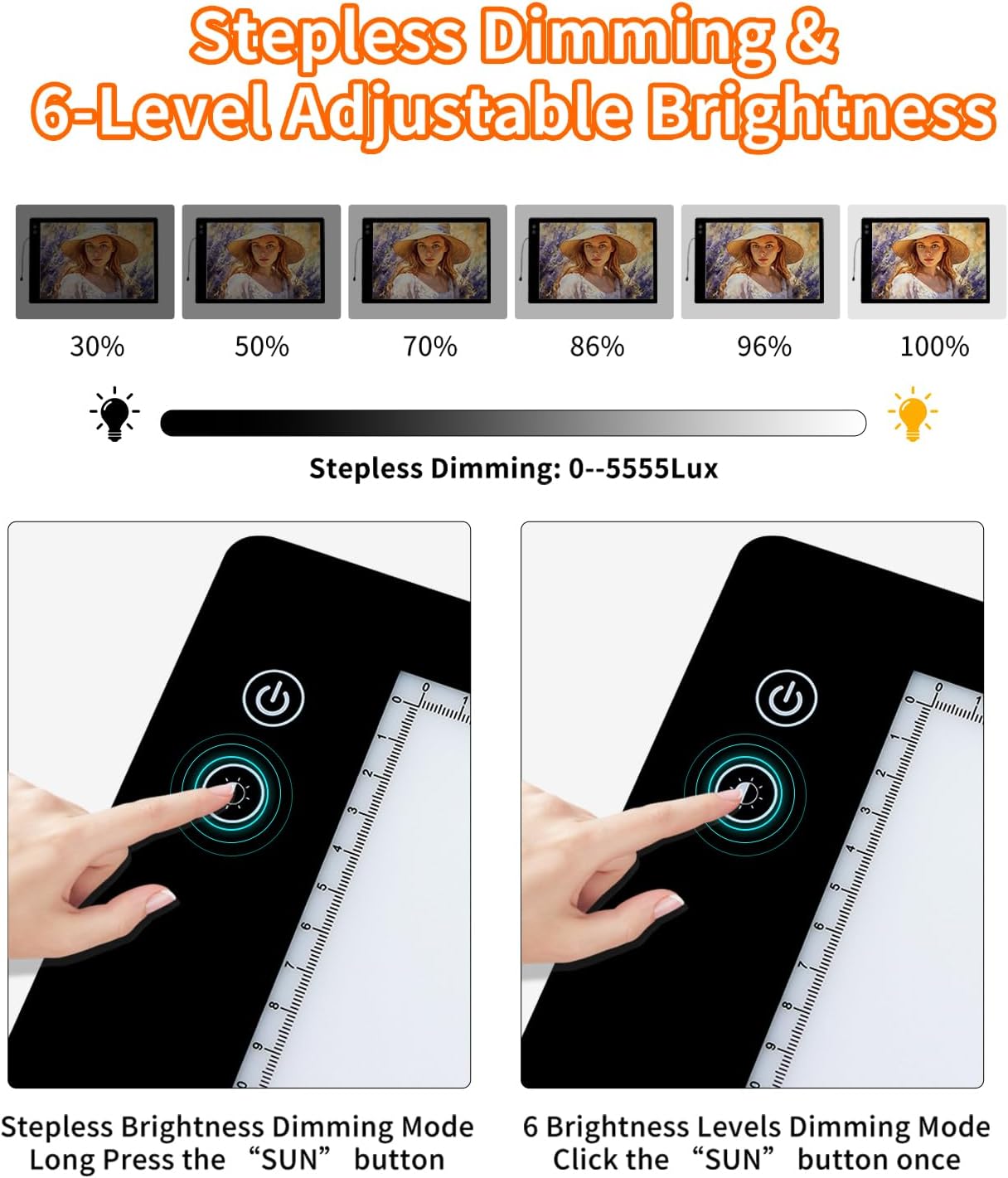 Rechargeable A2 Light Pad for Diamond Painting, 3 Colors High Bright Tracing Light Box with 6 Levels/Stepless Dimming, Fast Charging Adapter & 5555Lux, Large Drawing Light Board for Sketching
