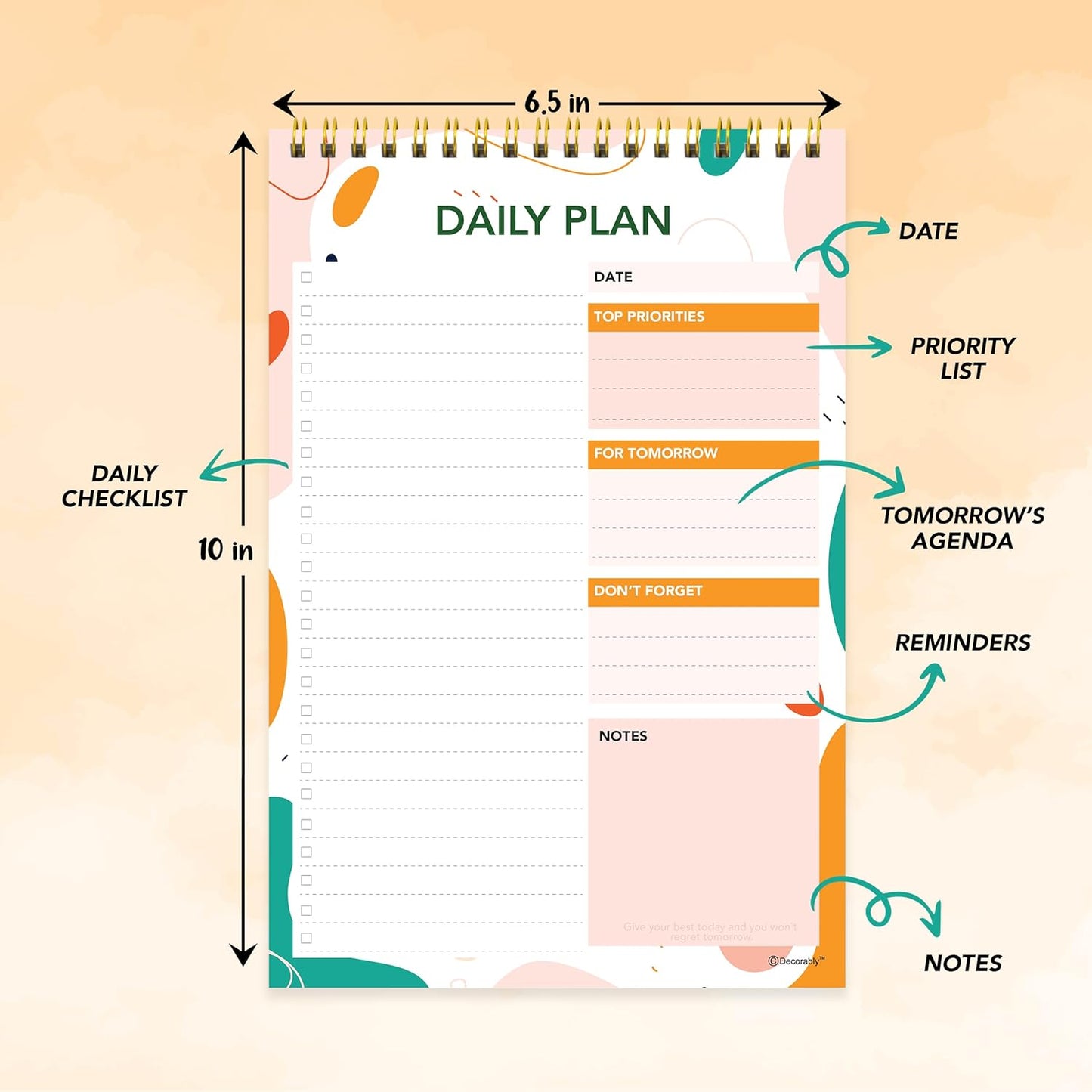 Decorably 52 Sheets Nude Pink Undated Daily to Do List Notepad, 6.5x10in Spring-Bound Easy Tear-Off Design, with Priorities, Checklist, Agenda, Reminders, Notes - Home, School, Office