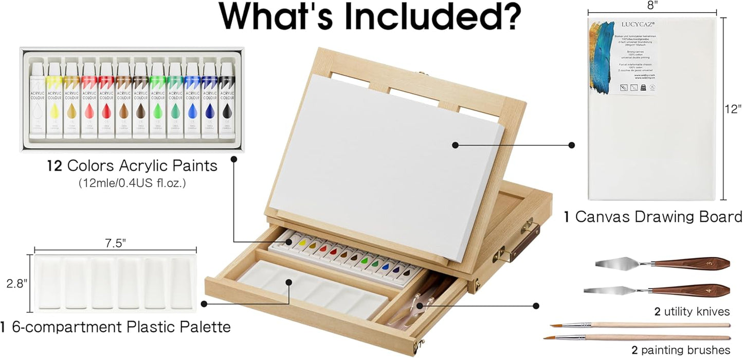LUCYCAZ Art Easel for Painting, Tabletop Painting Easel Set for Kids, Pine-Wood Portable Easel Stand for Artists with Canvas, Acrylic Paints, Brushes, Palette and Palette Knives for Adults Beginners