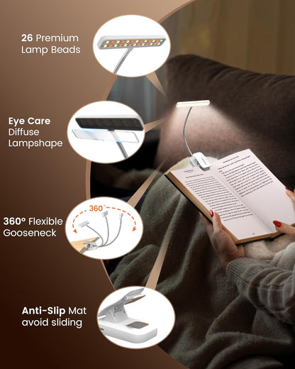 Glocusent 26 LED Book Light, 1200 mAh 90 Hrs Lasting Rechargeable Reading Light, 5 Amber Colors & Stepless Dimming Book Reading Light - Portable Clip on Light for Book Lovers Kids