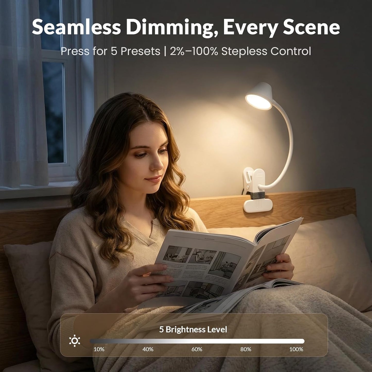 LEPOWER Clip on Light, 7W Reading Lights for Books in Bed with 5 Colors & Stepless Dimming, RG0 Eye-Care, Amber Glow Light & Auto Timer, Strong Clamp with Adapter for Headboard, Bedside, Desk, Black