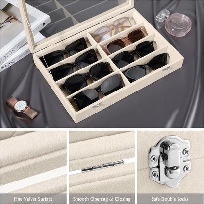 Emibele Glasses Organizer Jewelry Tray, 8 Grids with Clear Lid Velvet Tray Watch Storage Stackable Jewelry Showcase Display Storage with Detachable Inner Dividers, Beige