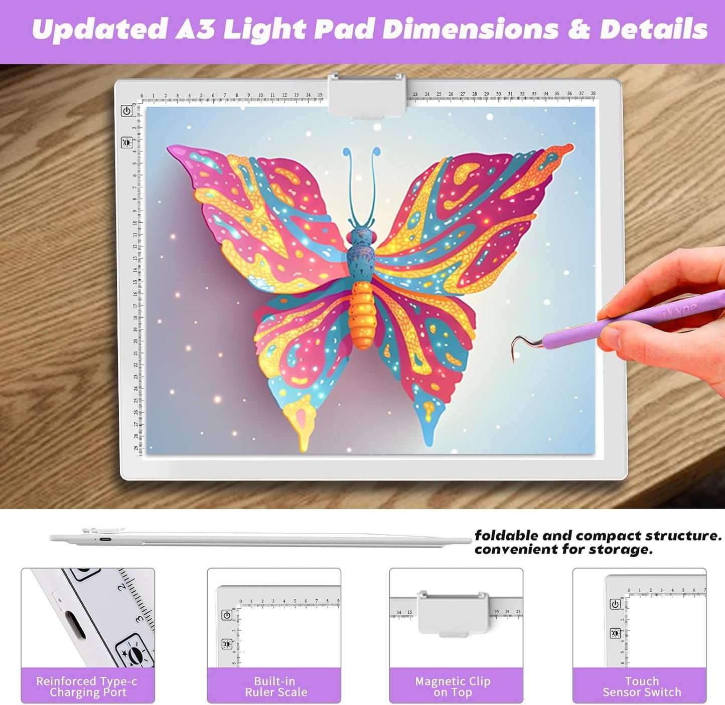 YINGWOND Rechargeable A4 LED Light Pad with Padded Case, Tracing Light Box w/Riser Stands and Paper Clip, 6 Levels of Brightness, Type-c Cable, Wireless Diamond Painting Light Board