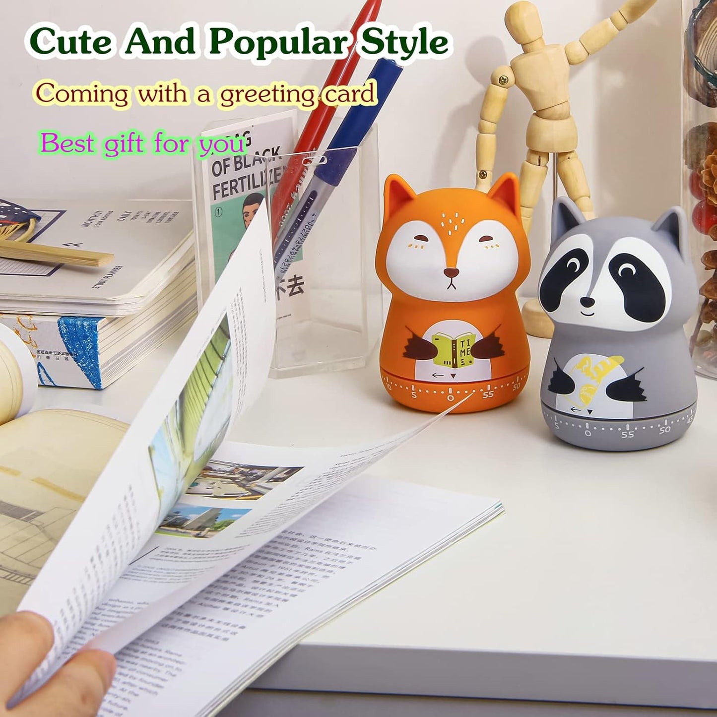 Mechanical Kitchen Timer - Cute Animal Wind Up 60 Minutes Manual Countdown Timer for Kids, Classroom, Home, Study and Cooking - Grey Raccoon