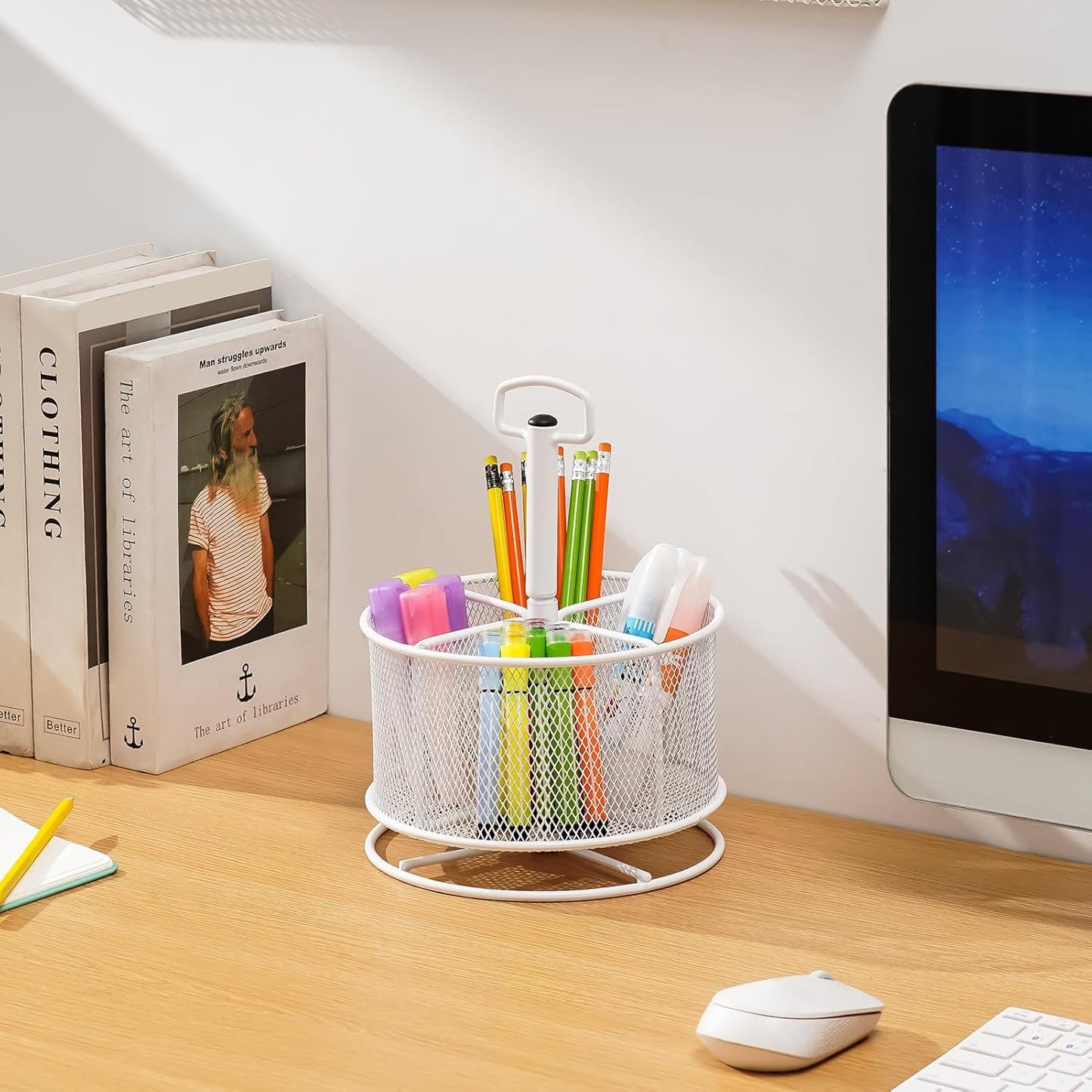 Marbrasse Mesh Desk Organizer, 360-Degree Rotating Multi-Functional Pen Holder, 4 Compartments Desktop Stationary Organizer, Home Office Art Supply Storage Box Caddy (Black)