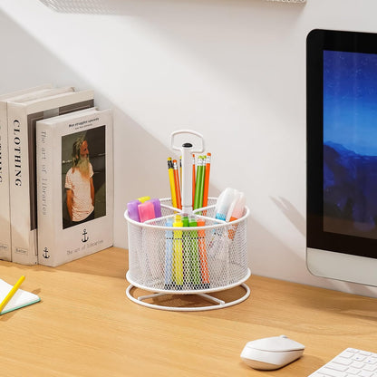Marbrasse Mesh Desk Organizer, 360-Degree Rotating Multi-Functional Pen Holder, 4 Compartments Desktop Stationary Organizer, Home Office Art Supply Storage Box Caddy (Black)