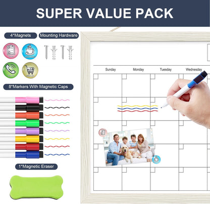 Calendar Whiteboard for Wall, TANKEE 17x13 Inches Whiteboard Calendar Cork Board Combo, Small Magnetic White Board with Wood Framed, Hanging Dry Erase Board for Kitchen Home Office School Planner