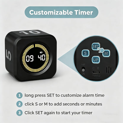 KADAMS Pomodoro Timer Visual - Productivity Pomodoro Cube, 5/10/25/50 Min Countdown & Countup, Silent – Ideal for Work Study Cook Workout Kitchen School Classroom Office ADHD Gift Kids (1, Black)
