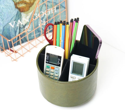 Round Leather Art Supply Organizer,Remote Control Holder,360 Degree Rotating,Multi-Functional Pencil Holder,4 Compartments Desktop Stationary Organizer(1-Fractal Flower) | Round - Colors A