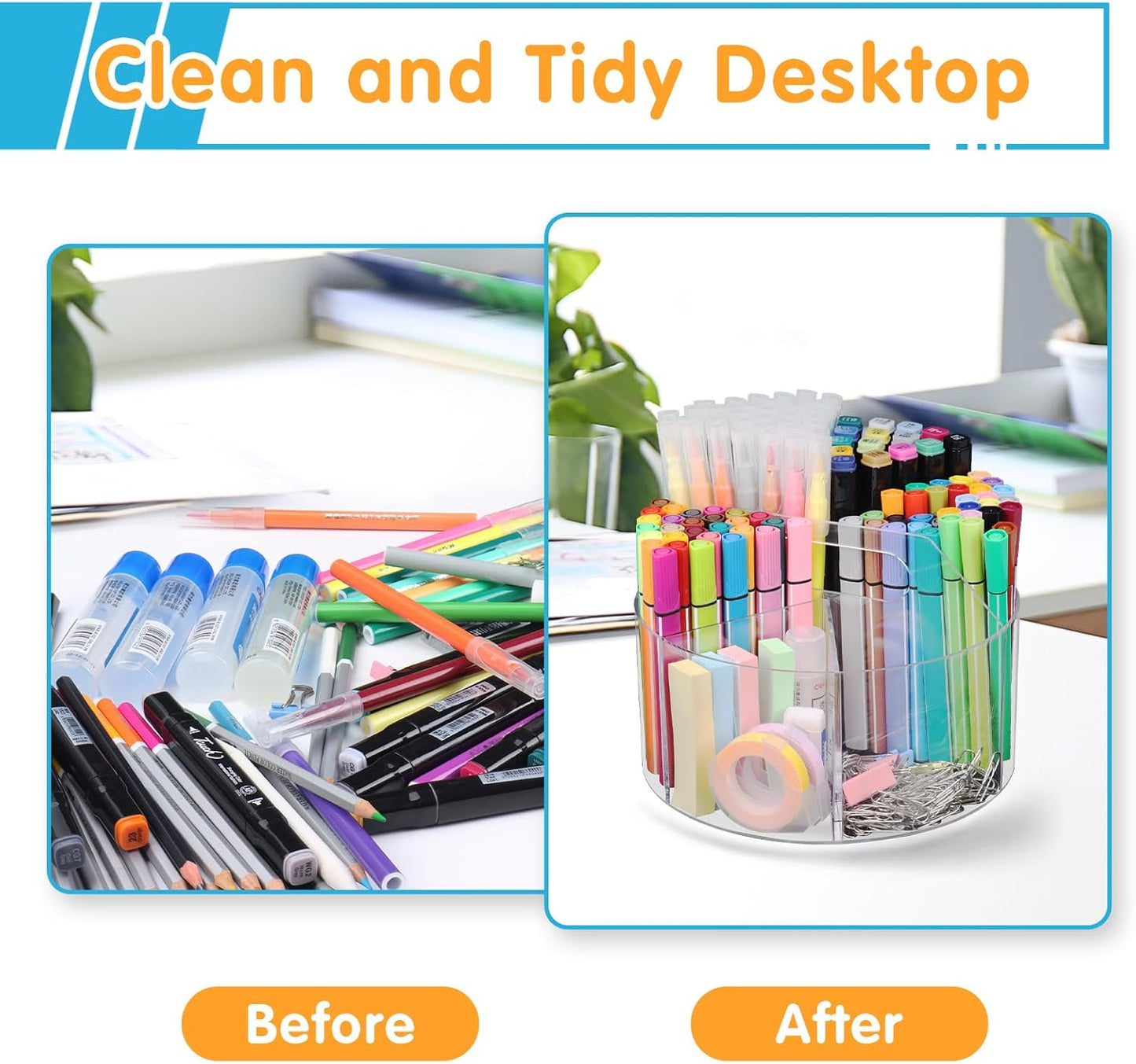 Mefirt Acrylic Pen Holder, 360 Degree Rotating Pen Organizer, Rotating Desk Acrylic Office Organizer with 6 Compartments, Marker Organizer for Kid, Crayon Caddy School Art Supply Storage Organizer