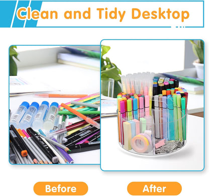 Mefirt Acrylic Pen Holder, 360 Degree Rotating Pen Organizer, Rotating Desk Acrylic Office Organizer with 6 Compartments, Marker Organizer for Kid, Crayon Caddy School Art Supply Storage Organizer
