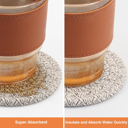 4.8" Drink Cotton Coasters Set of 2 – Boho Woven Drink Pads for Coffee & Tea, Neutral Sandstone Blend Fabric Cup Mats for Desk, Table, Nightstand, Dorm, Giftable Absorbent Coaster Set (Latte)
