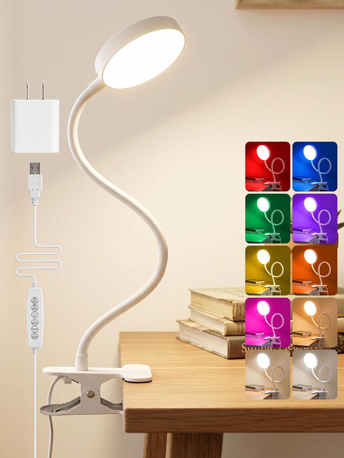 Clip on Light,10 RGB Colors+10 Brightness Clip on Desk Lamp with Clamp, 500 Lumen Bright 72 LED Desk Light, USB Adapter Reading Lights for Books in Bed/Headboard/Bedside Table/Bedroom/Dorm/Home Office