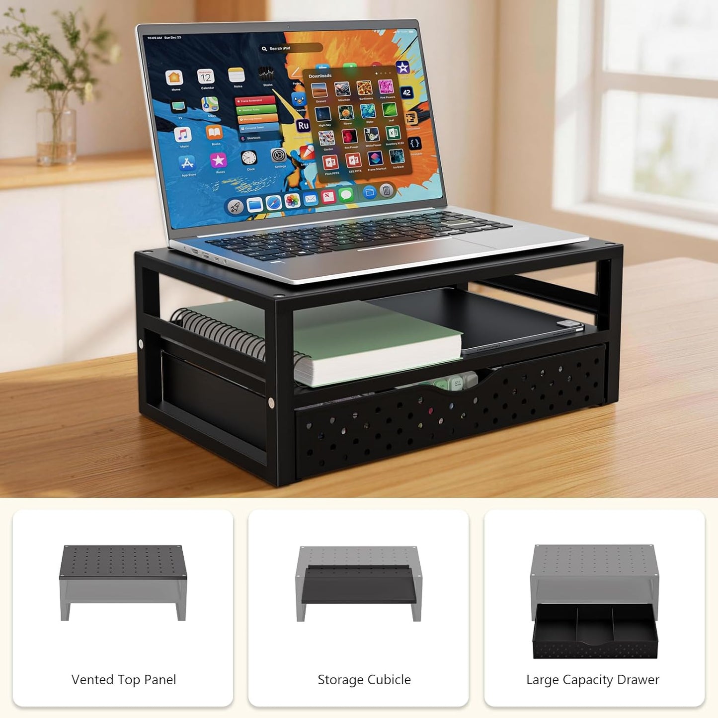 WALI Computer Monitor Stand for Desk, Adjustable Laptop Riser, Desk Monitor Stand Underneath Storage for Office, Home, School Supplies (STT003), 1 Pack, Black