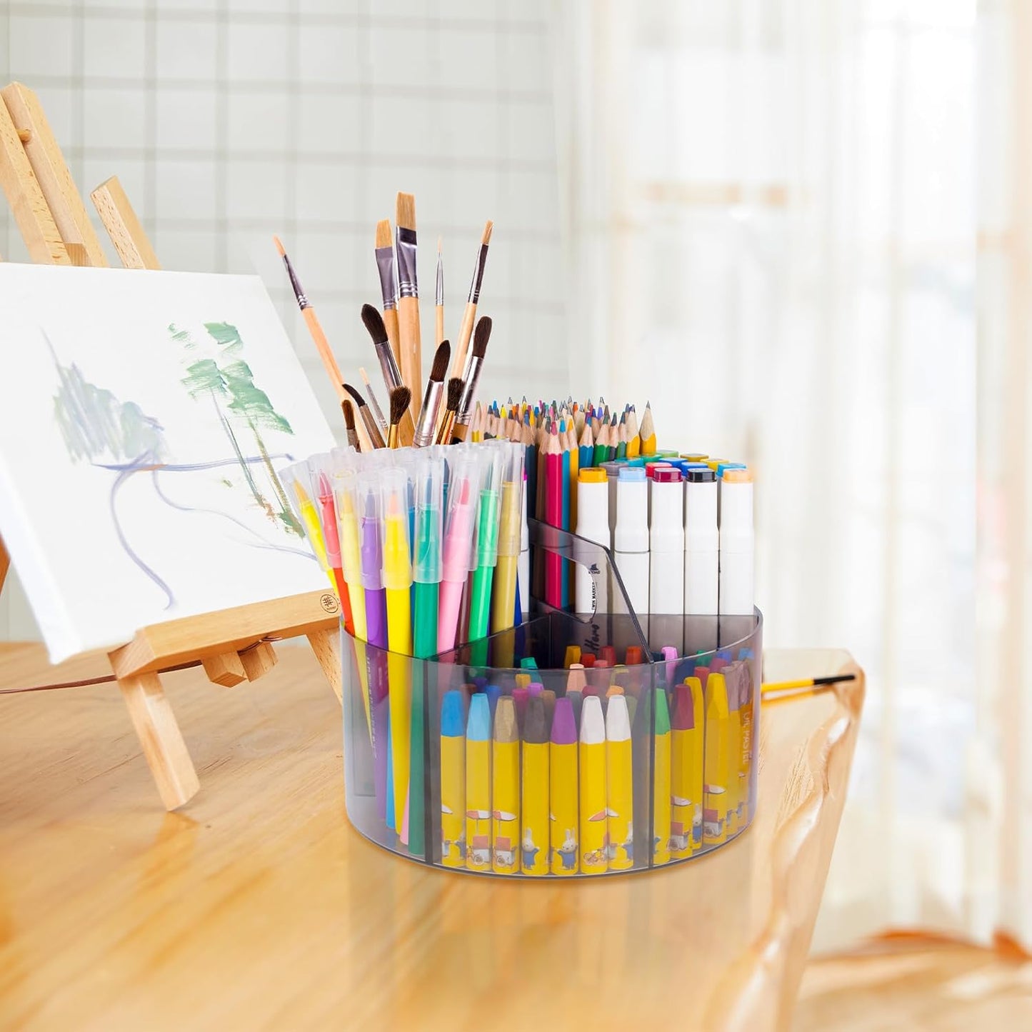 Absonic 250pcs Acrylic Pencil Holder Marker Organizer, 360-Degree Rotating Pen Holder, Crayon Organizers for Kids Pencil Organizer Caddy Art Supply Lazy Susan Organizer for Desk Home School Office