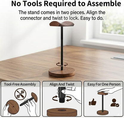 Headphone Holder Stand for Desk, Wood and Metal Headset Hanger Mount Hook Gaming Holder Desktop Earphone Artful Functional Craftsmanship Stand for All Headsets with Solid Wooden Base