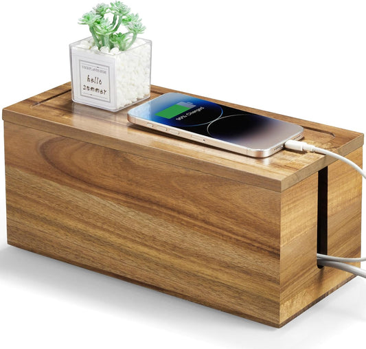 Wood Cable Management Box - Cable Organizer Box - 2 Open Slots Cords Hider Box - Under Desk Cord Organizer for Power Strip Extension Cord Surge Protector Charger Wire, Black