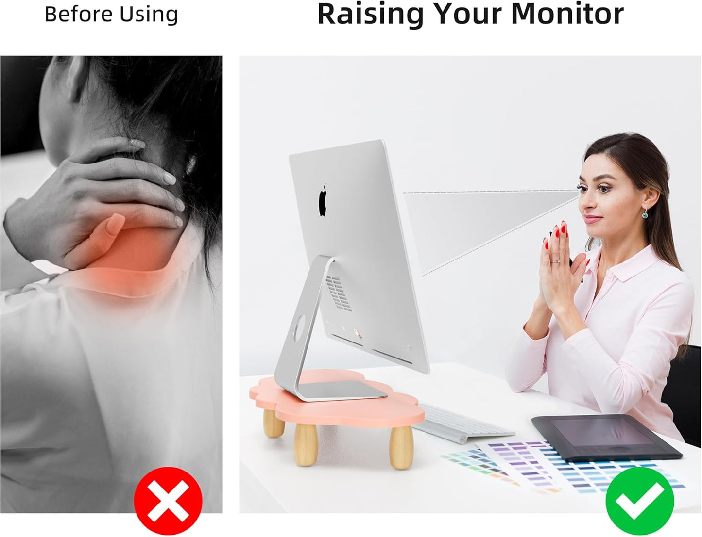 AFOOYO Monitor Stand Riser,Cloud-Shaped Sturdy Wood 16.5In Computer Monitor Riser Wirh Drawer, Multi-Purpose Desktop Organizer Riser for Computer,Laptop,Printer,TV,White