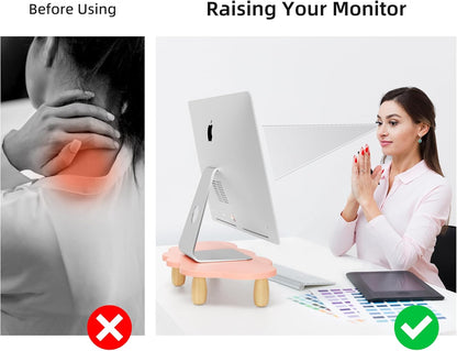AFOOYO Monitor Stand Riser,Cloud-Shaped Sturdy Wood 16.5In Computer Monitor Riser Wirh Drawer, Multi-Purpose Desktop Organizer Riser for Computer,Laptop,Printer,TV,White
