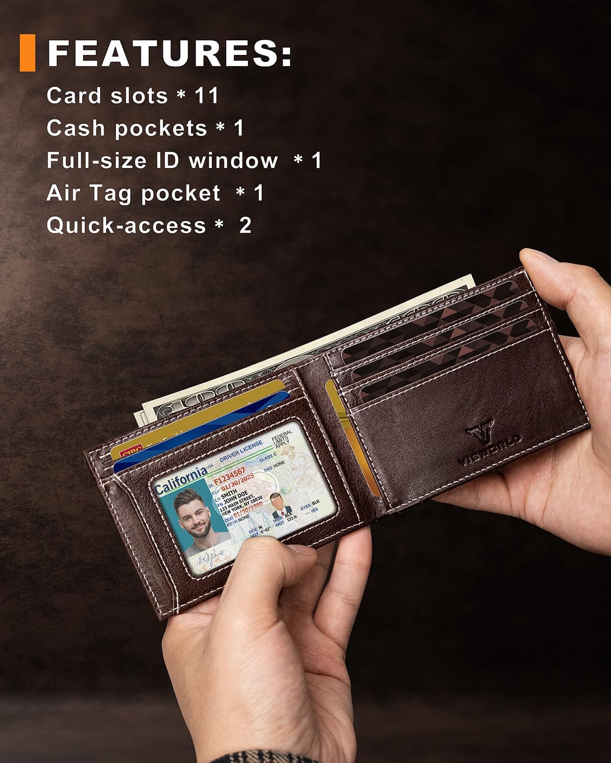 Men's Wallet with Airtag Holder, Bifold Full-Grain Leather Wallet for Apple Air Tag (1st & 2nd Generation), Slim Wallet for Men with RFID Blocking, 11 Card Slots