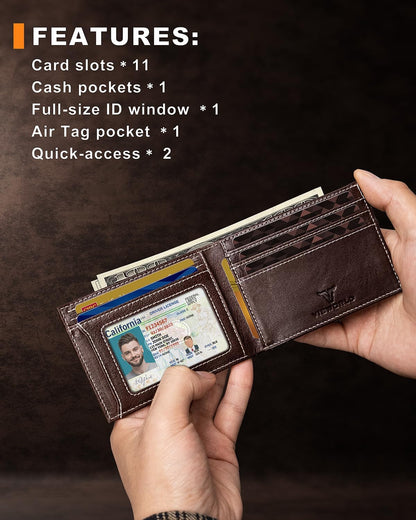 Men's Wallet with Airtag Holder, Bifold Full-Grain Leather Wallet for Apple Air Tag (1st & 2nd Generation), Slim Wallet for Men with RFID Blocking, 11 Card Slots