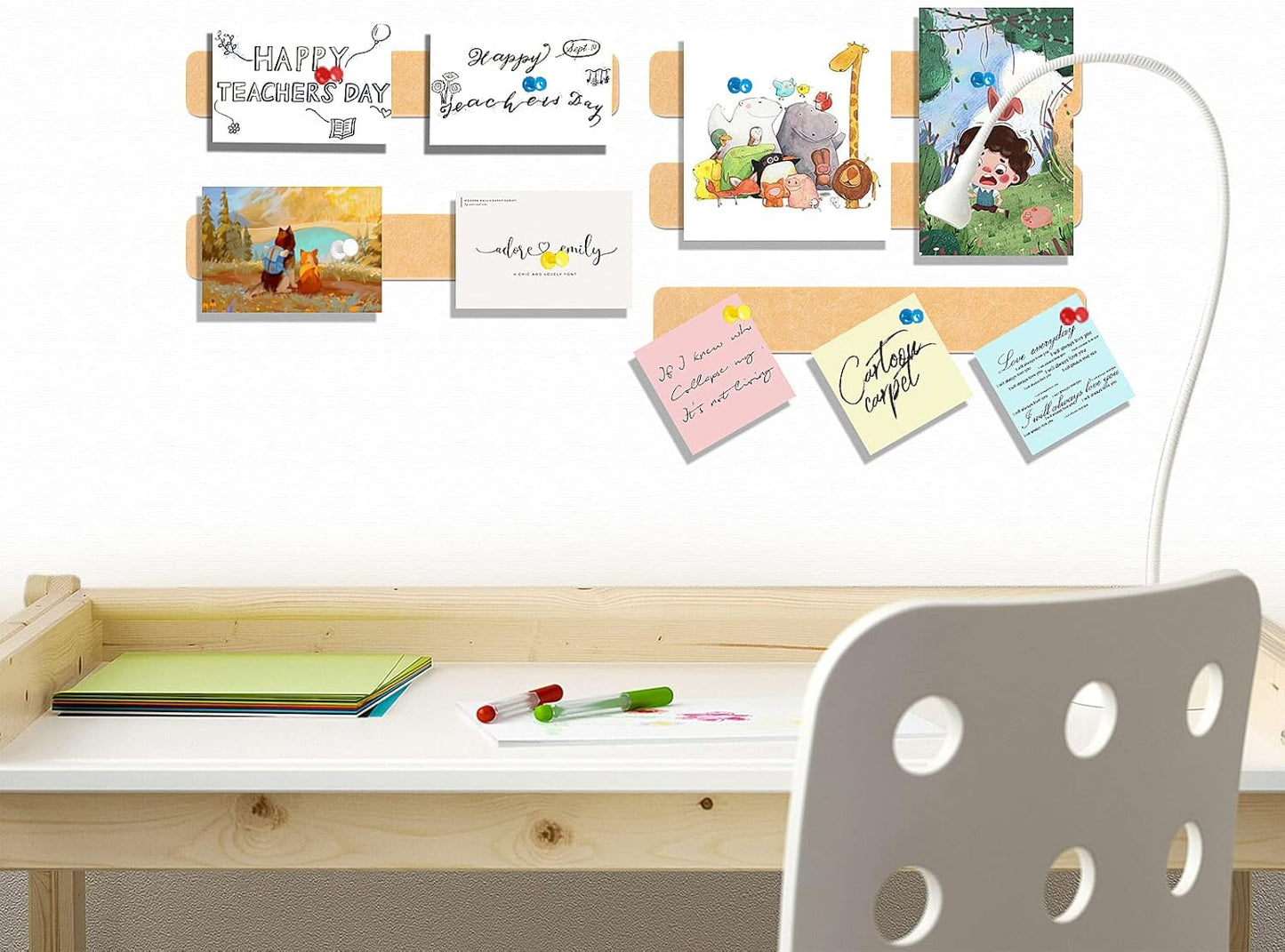 Felt Pin Board Bar Strips Bulletin Board for Bedrooms Offices Home Wall Decoration, Notice Board Self Adhesive Cork Board with 35 Push Pins for Paste Notes, Photos, Schedules