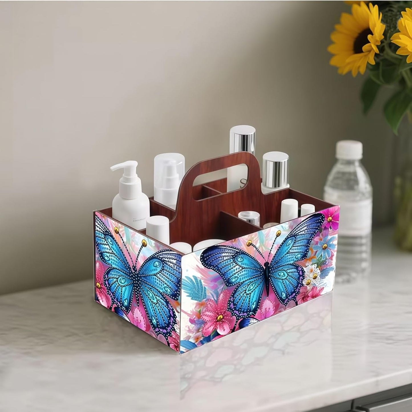 LSQFS DIY Diamond Painting Storage Box, Wooden Multi-Grid Organizer with Handle, Portable Desktop Caddy for Art Kits, Craft Tools, Makeup Brushes, Stationery Home Office