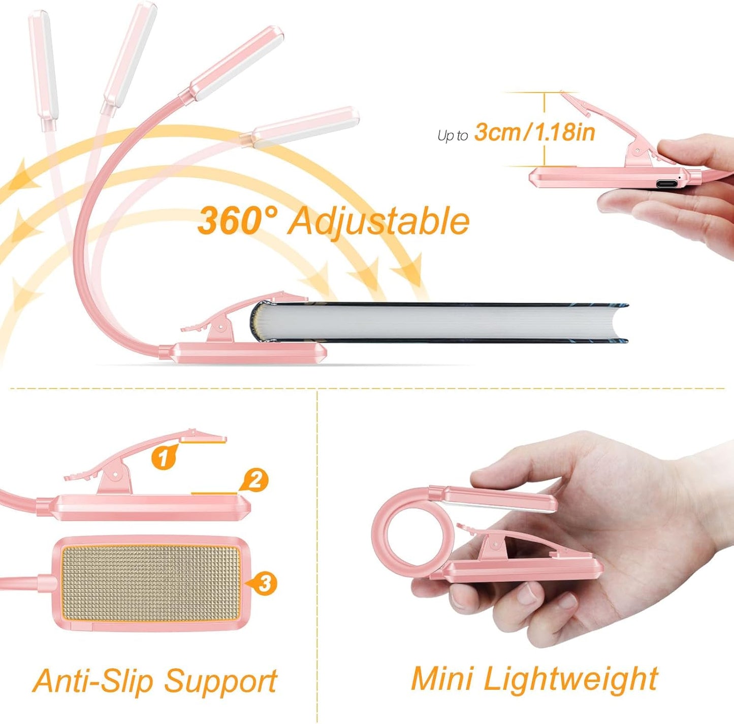 Gritin 9 LED Rechargeable Book Light for Reading in Bed - Eye Caring 3 Color Temperatures,Stepless Dimming Brightness,80 Hrs Runtime Small Lightweight Clip On Book Reading Light for Studying