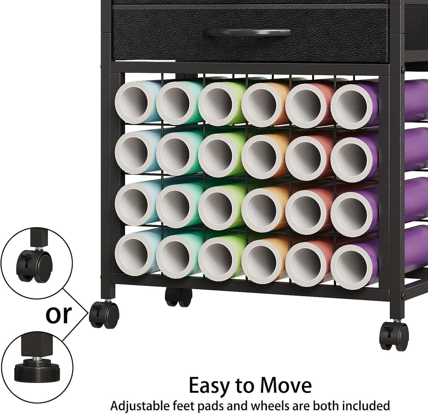 VENNQD Organizer and Storage Stand Compatible with Cricut Machines,Rolling Storage Cart/Shelf with 24 Vinyl Roll Holders，2 Fabric Drawer,Accessories Holder,Tool Hook for Craft Room Home (white)