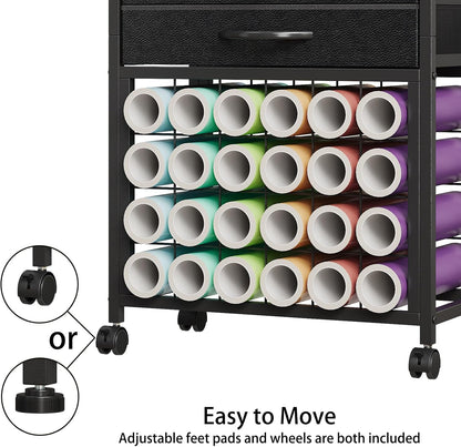 VENNQD Organizer and Storage Stand Compatible with Cricut Machines,Rolling Storage Cart/Shelf with 24 Vinyl Roll Holders，2 Fabric Drawer,Accessories Holder,Tool Hook for Craft Room Home (white)