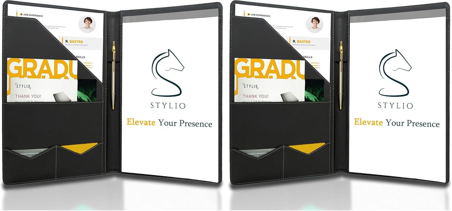 STYLIO Padfolio Portfolio Organizer Binder | Interview Resume Folder, Legal Document, Business Card Holder |w/Letter-Sized Notepad | Handsome Piano Noir Faux Leather Folio Matte Finish, Accent Stitch