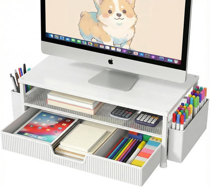 ECOLOVI Desk Organizer and Accessories, 2-Tier Computer Monitor Stand Rise with Storage Drawer & 2 Pen Holders, Laptop & Printer Stand for Desktop, Workspace Organizers for Office Supplies (Brown)