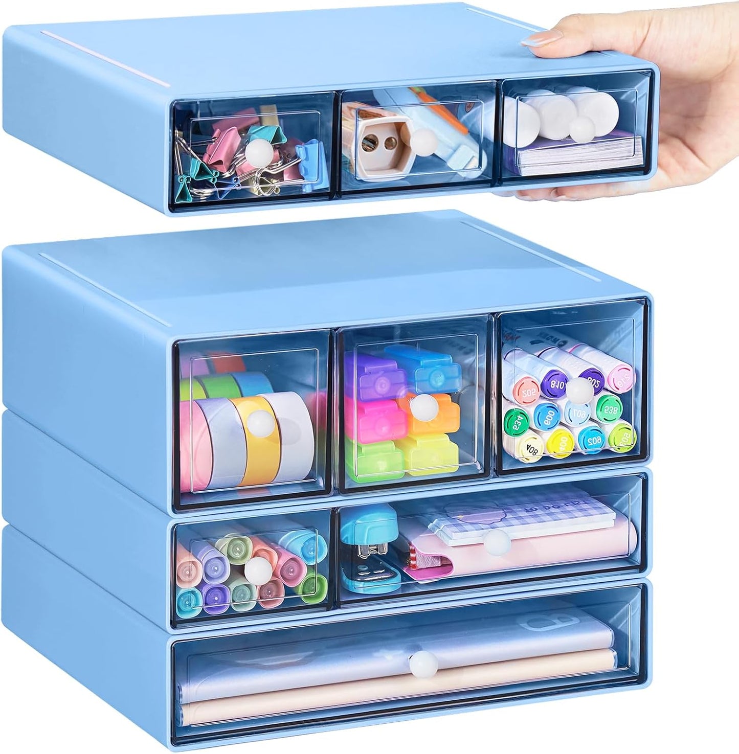 Desk Storage Organizer with 9 Drawers, 4 Tiers Stackable Desktop Craft Storage Drawers, Clear Storage Box Caddy for Stationary Makeup Jewelry Office Craft Supplies (Green)