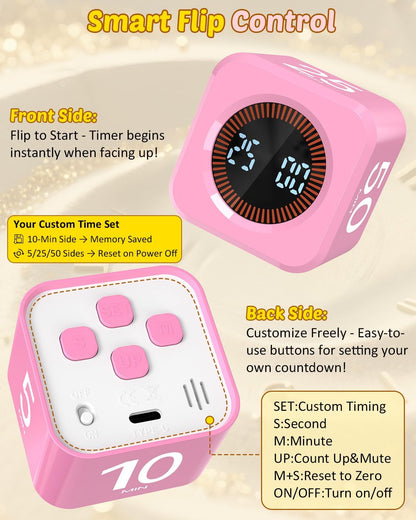 Digital Pomodoro Timer Cube 5/10/25/50min, Visual Productivity Flip Timer for Kids Classroom Desk, Custom Countdown, Silent and Sound Mode for ADHD Study Work Game Kitchen (Pink)