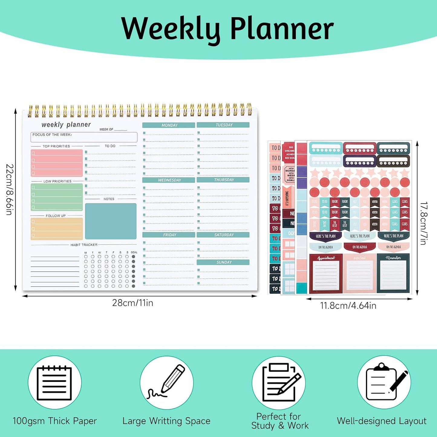 Weekly To Do List Notepad, 8.5''x11'' Weekly Desk Planner with 52 Tear Off Sheets Undated Weekly Planner Habit Tracker & Productivity Organizer for Home and Work, Pink