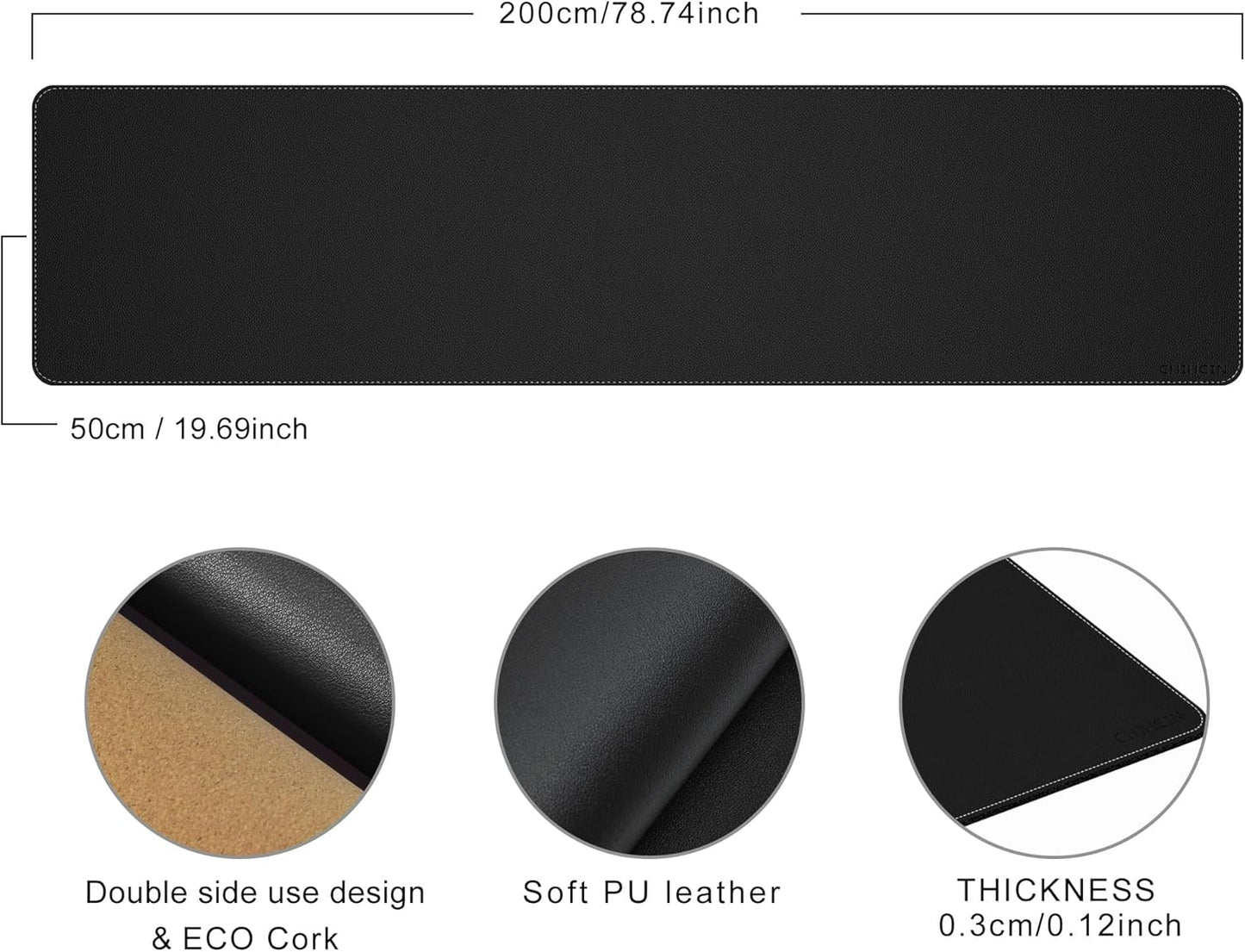 Chihein 2XL 35" x 16" Cork & PU Leather Desk Mat, Dual Sided Desk Pad Protector, Waterproof Writing Blotter for Gaming, Office, Home (Black)