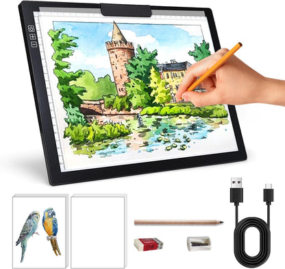 Rechargeable A4 Light Box with Padded Case,led Light pad with Built-in Stand & Clip,6 Levels of Brightness lightbox for tracing,Diamond Painting.Light Table for Artists,Drawing,Sketching,Animation