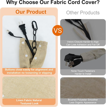 Chandelier Chain Cover,Linen Fabric Cord Cover 70.8" Beige Button Snap,Cord Sleeve for TV Wire,Table Lamp,Floor Lamp & Hammock Chain,2 Pack