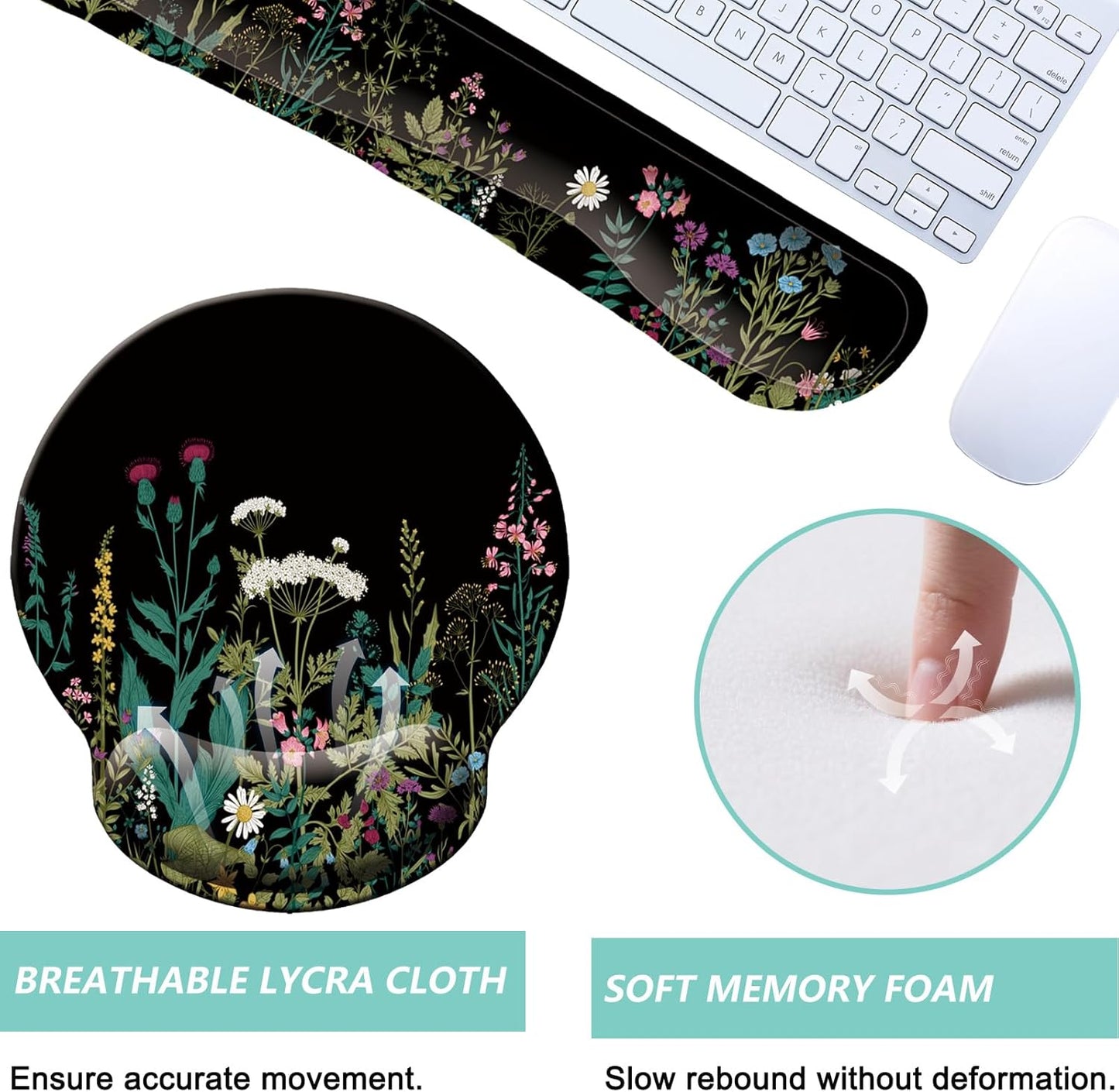 Keyboard Wrist Rest Pad Mouse Pad with Wrist Support Set of 3, Mousepad with Non-Slip Rubber Base, Ergonomic Memory Foam Mouse Wrist Cushion Support for Home Office Laptop Computer Gaming, Forest