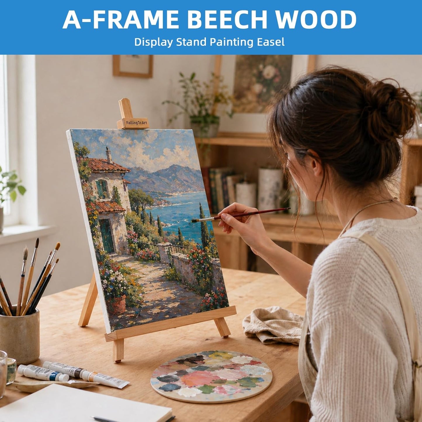Falling in Art Beechwood 25" Tabletop Easel Display Stand for Painting - Holding Canvas Up to 22 1/2 Inches High, A-Frame Artist Tripod with Rubber Feet, Portable Photo and Sign Holder