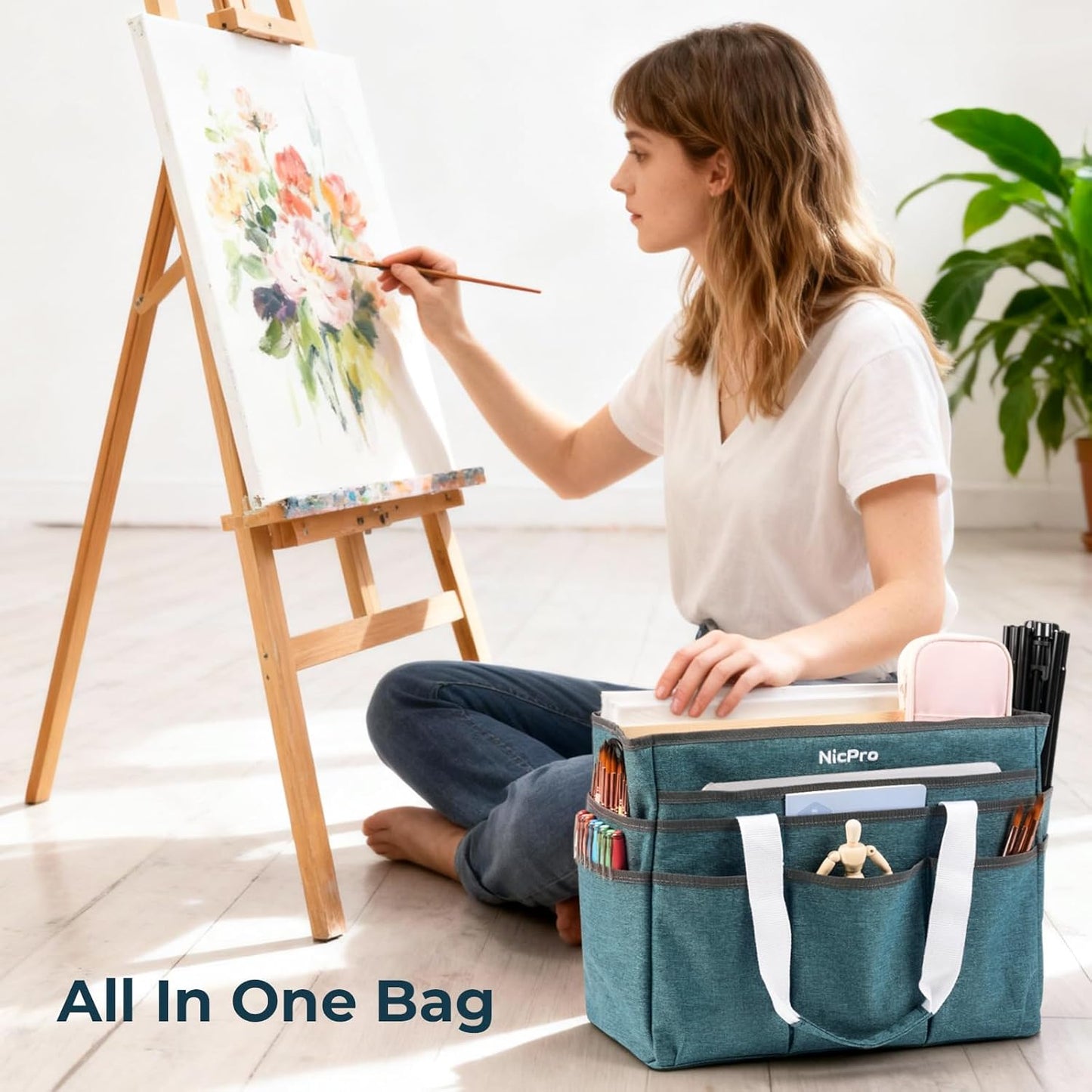 Nicpro Craft Organizer Art Bag, Tote Bag For Art Supply Storage, Portable Supply Organizers Caddy with Multiple Pockets, Craft Bag for Drawing, Scrapbooking, Journal, Sewing, School, Office Supplies