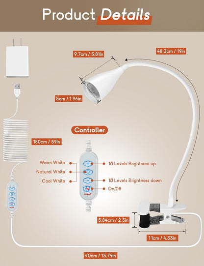 Reading Light for Book in Bed, Clip on Light Reading Lamp with Adapter, 5 Color Modes 10 Brightness, 360° Flexible Eye-Caring Clip on Desk Lamp Book Light for Reading in Bed Headboard Bedside Bedroom