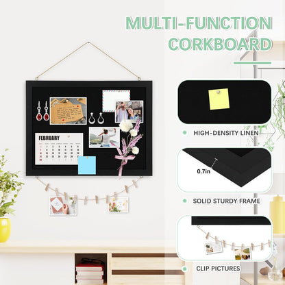 DOLLAR BOSS Bulletin Boards with Linen 1-Pack 16''X 12'' Double-Sided Cork Board for Walls Wood Framed Bulletin Boards, Small Pin Board for Home Kitchen Office Decorative Hanging 10 Pushpins