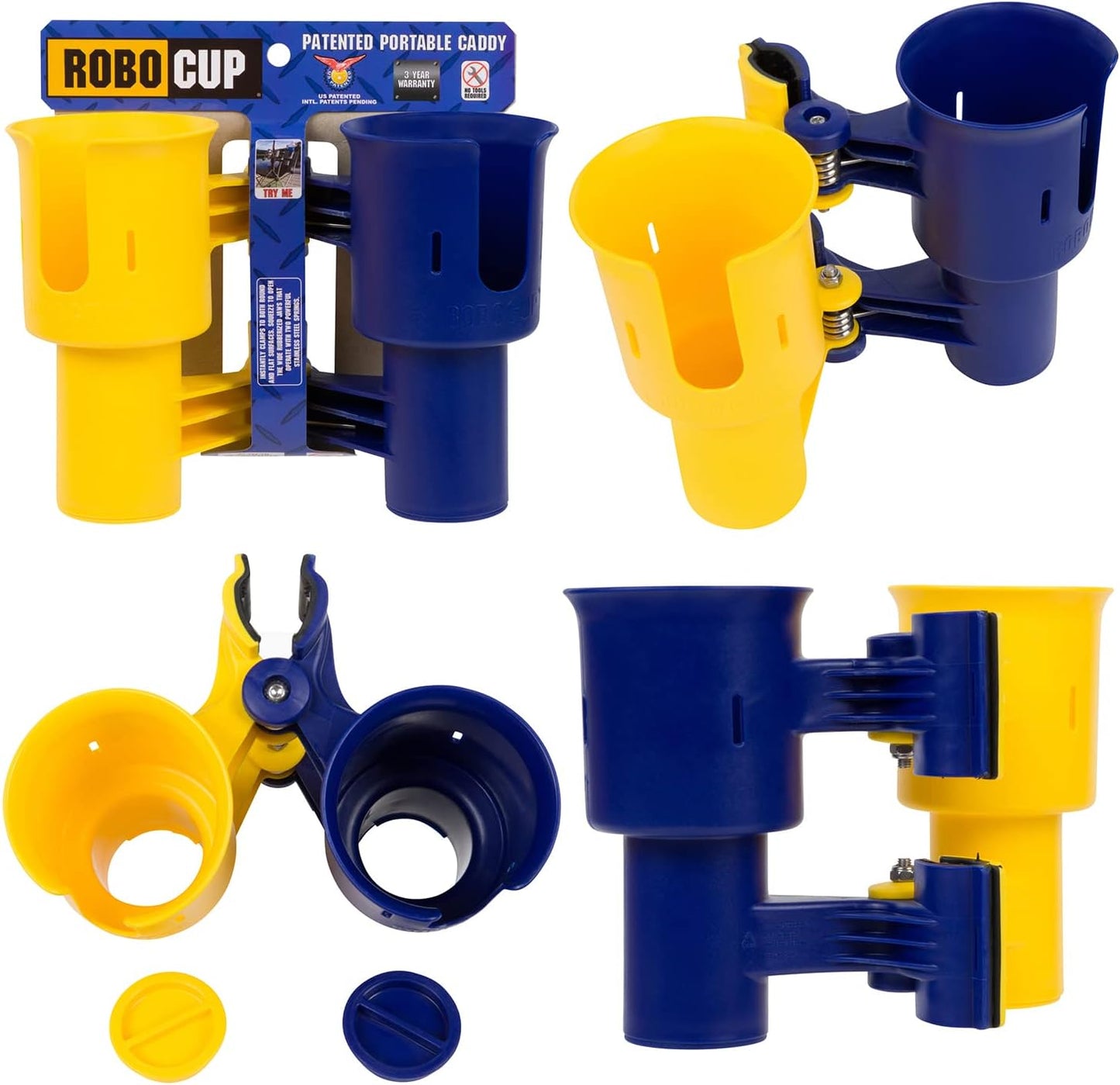 ROBOCUP, (White), Patented Clamp On Boat Cup Holder |Multifunction Dual Drink Caddy for Fishing Poles, Tools, Net, Gaff |Portable Storage for Boating, Beach, Umbrellas, Golf Carts, Strollers