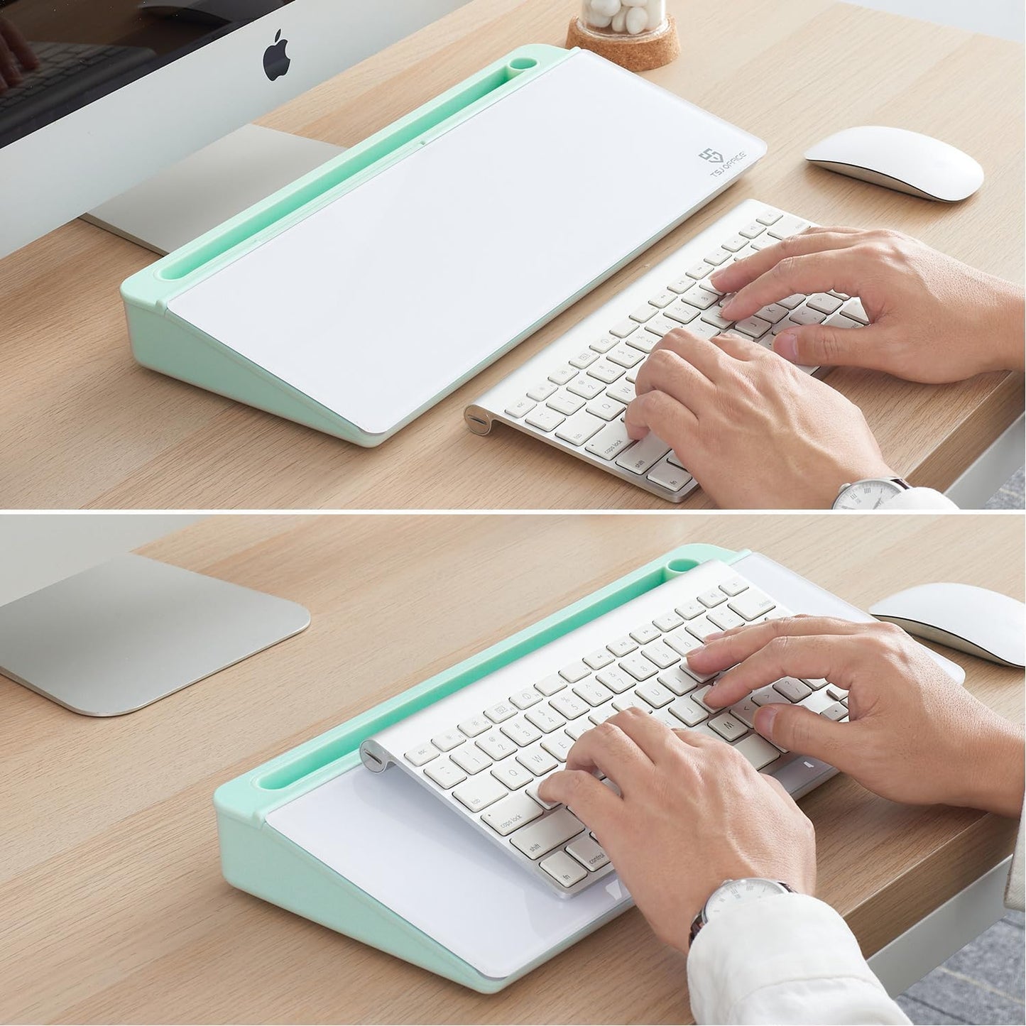 TSJ OFFICE Small Desktop Whiteboard -Glass Dry Erase Board Computer Keyboard Stand White Board Surface Pad with Drawer, Desk Organizers with Accessories for Office, Home, School Supplies - White